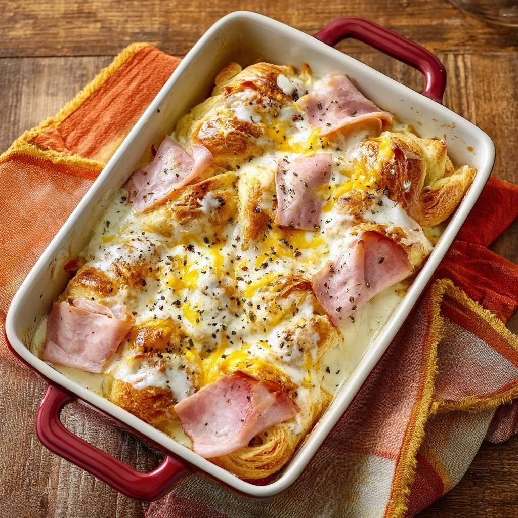 Cheesy Ham Croissant Bake served hot in a baking dish, topped with ham and melted cheese.