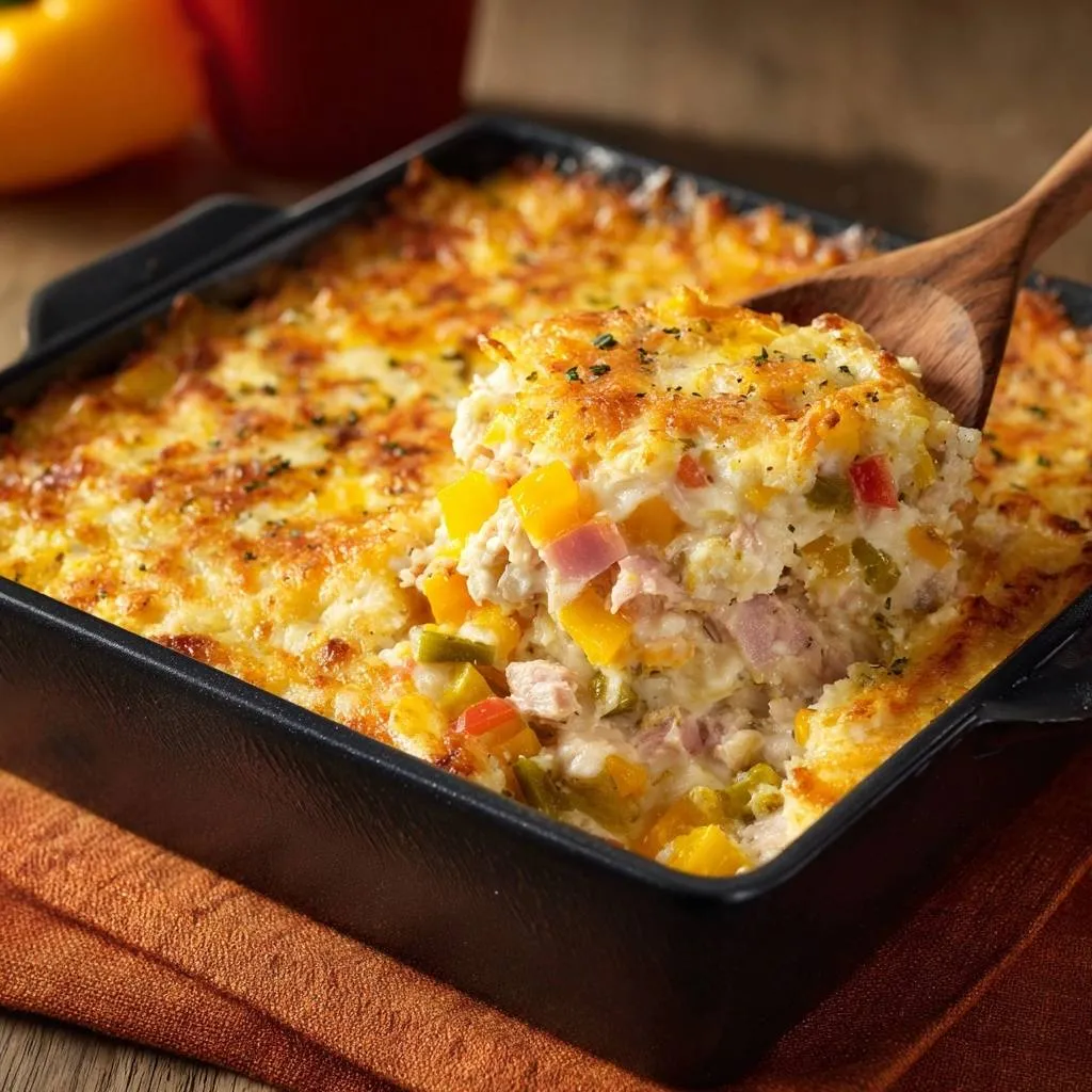 Cheesy ham pepper corn casserole, a wooden spoon scooping a portion showing the creamy interior with colorful bell peppers and corn.