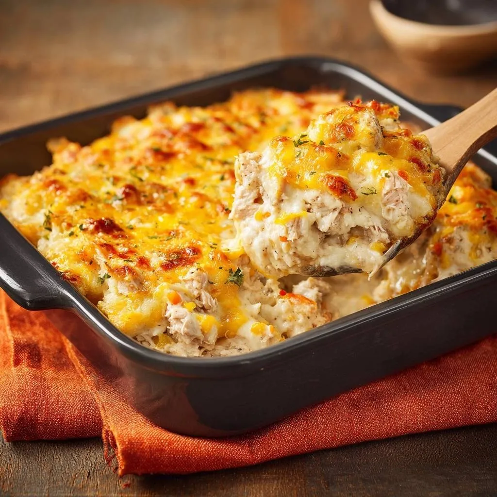 Cheesy ham pepper corn casserole, with a spoonful being lifted out showing the creamy, cheesy interior.