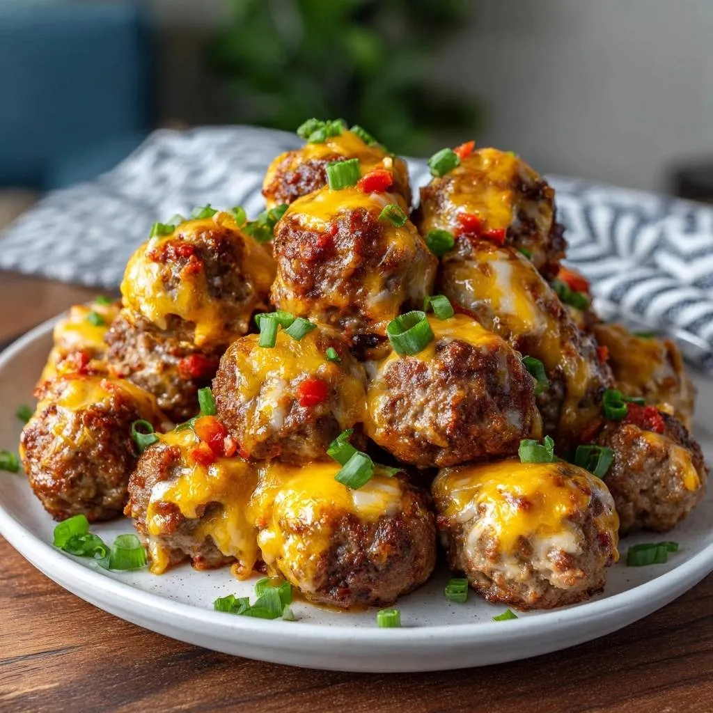 Cheesy loaded beef meatballs are piled high on a white plate, topped with melted cheese and fresh green onion garnish.