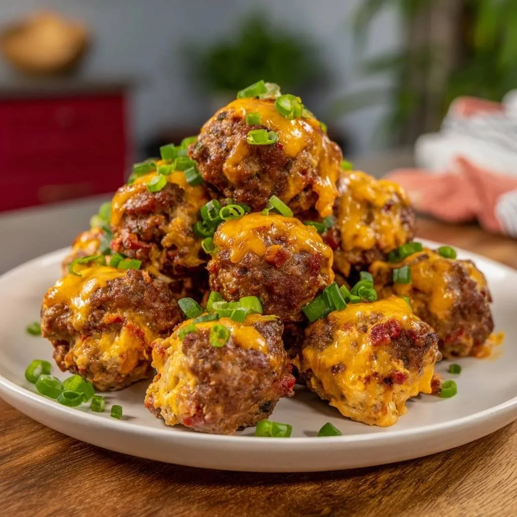 Cheesy loaded beef meatballs are stacked high on a white plate and generously garnished with chopped green onions.