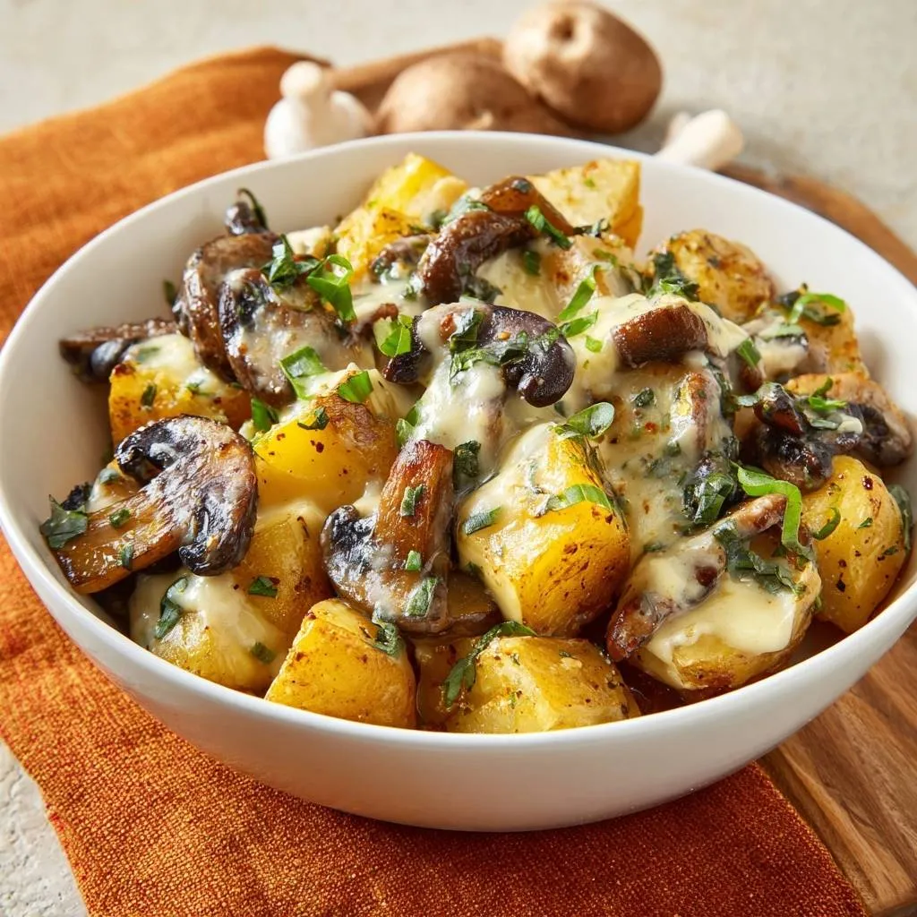 Cheesy mushroom baby potatoes served in a white bowl, showcasing the creamy cheese and herbs.