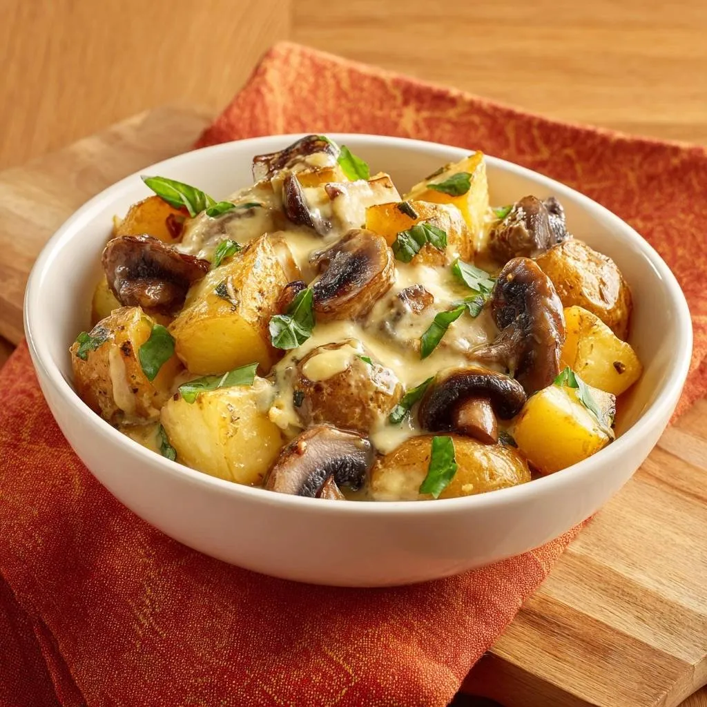 Cheesy mushroom baby potatoes served in a white bowl, garnished with fresh herbs, presented in an overhead view.