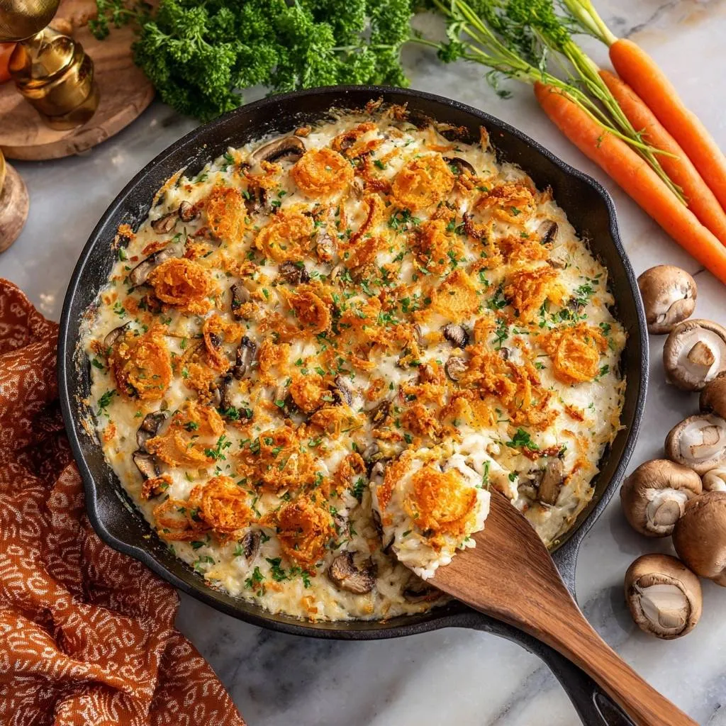 Cheesy mushroom rice skillet overhead view with a wooden spoon serving a portion of the creamy casserole.