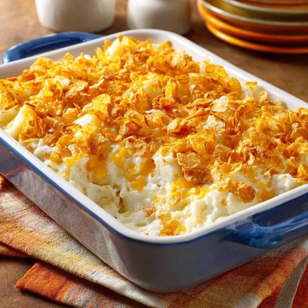 Cheesy potato casserole with crunchy cornflake topping shown in a close-up view of the bubbling dish.