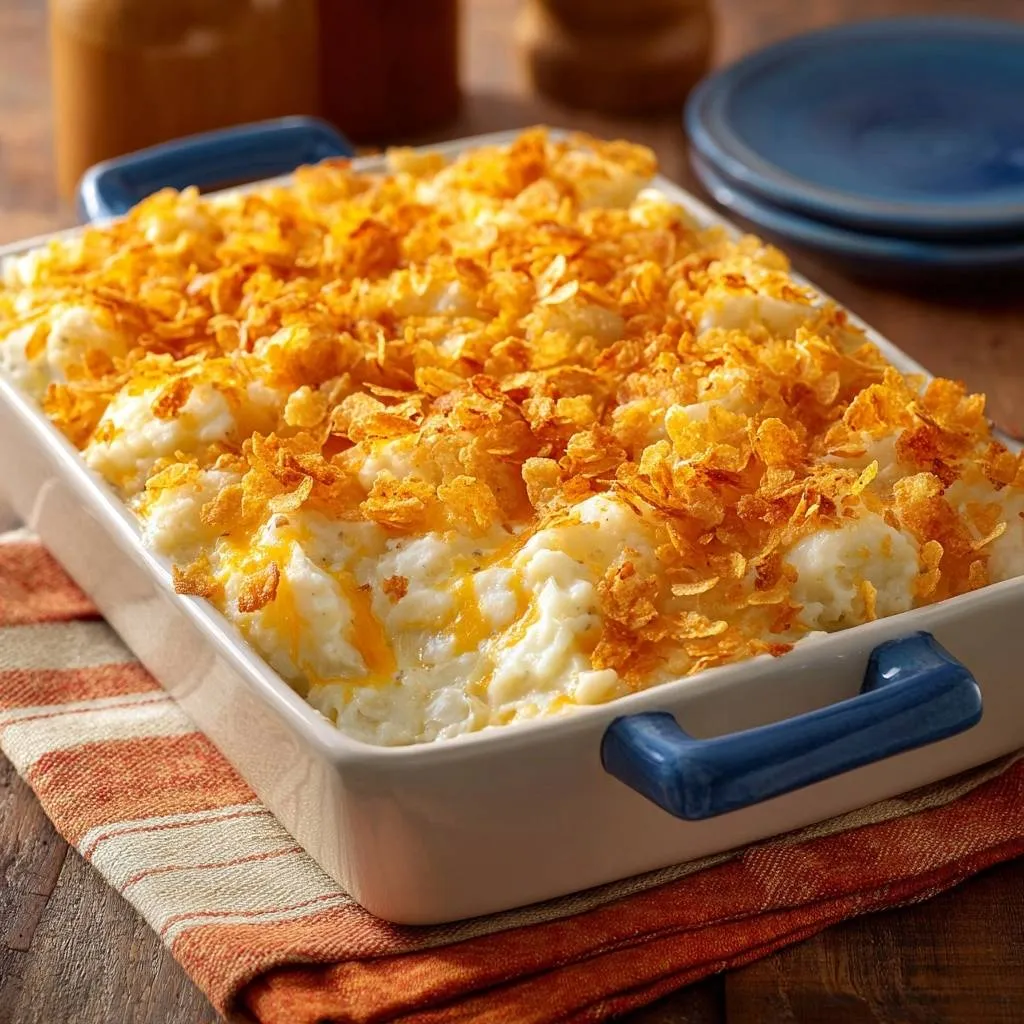 Cheesy potato casserole with a crunchy cornflake topping shown in a close-up detail shot.