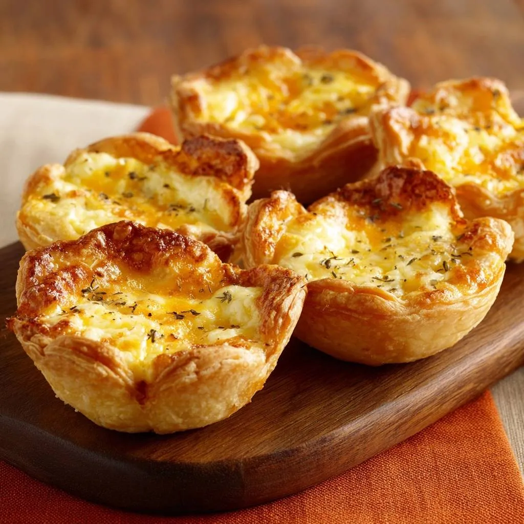 Crispy cheesy puff pastry bites with a gooey center, shown in a close-up, golden-brown view.