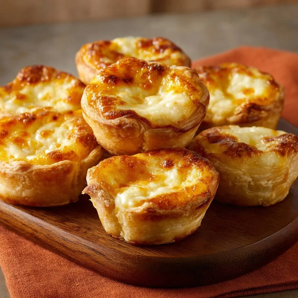 Crispy cheesy puff pastry bites with flaky shells and gooey centers, baked to a golden brown and piled on a wooden board.