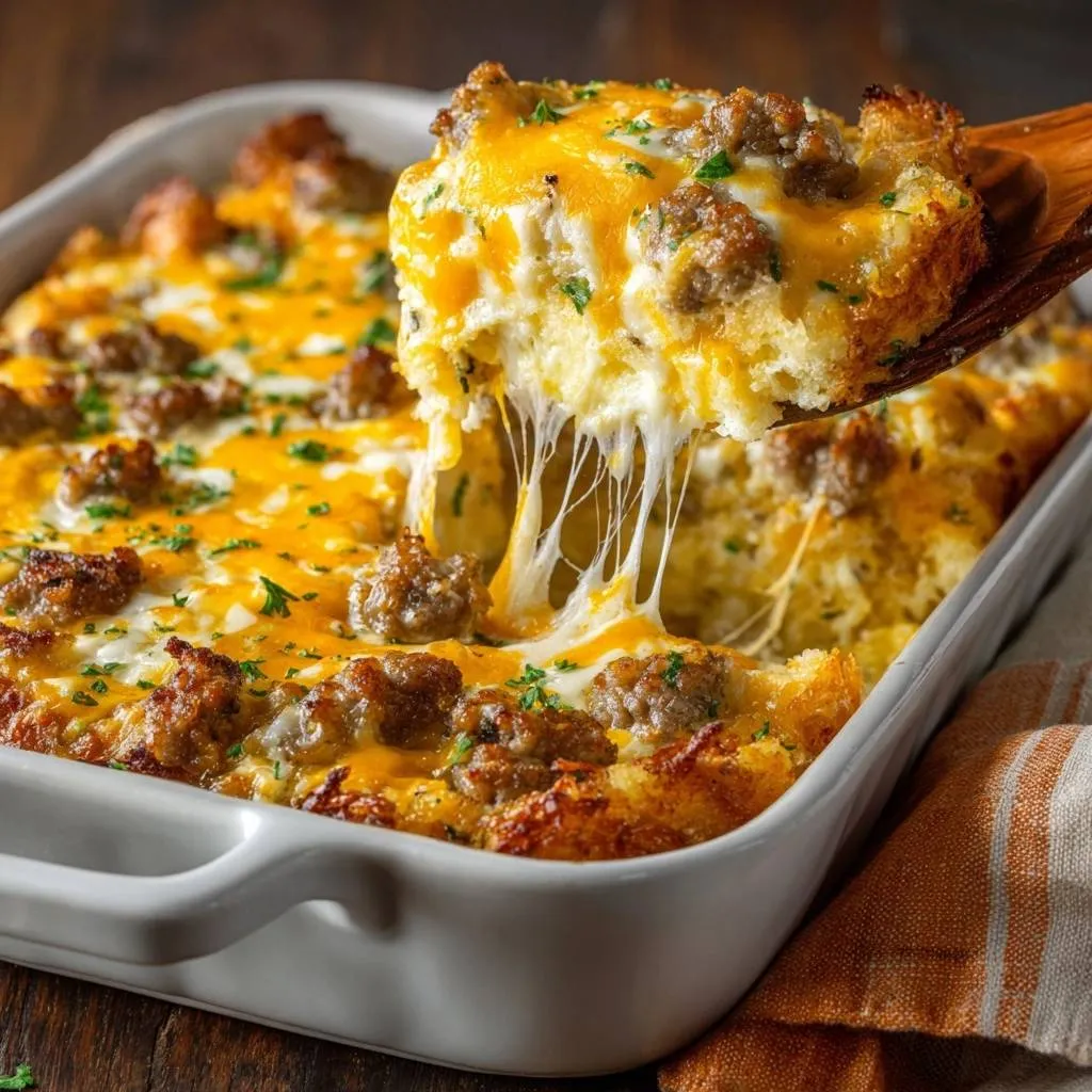 Cheesy sausage breakfast casserole lifted with a wooden spoon, showing a gooey cheese pull and custardy center.