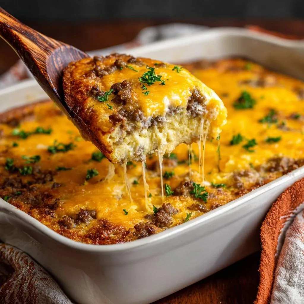 Cheesy sausage breakfast casserole being scooped with a wooden spoon, revealing a custardy center and melted cheese.
