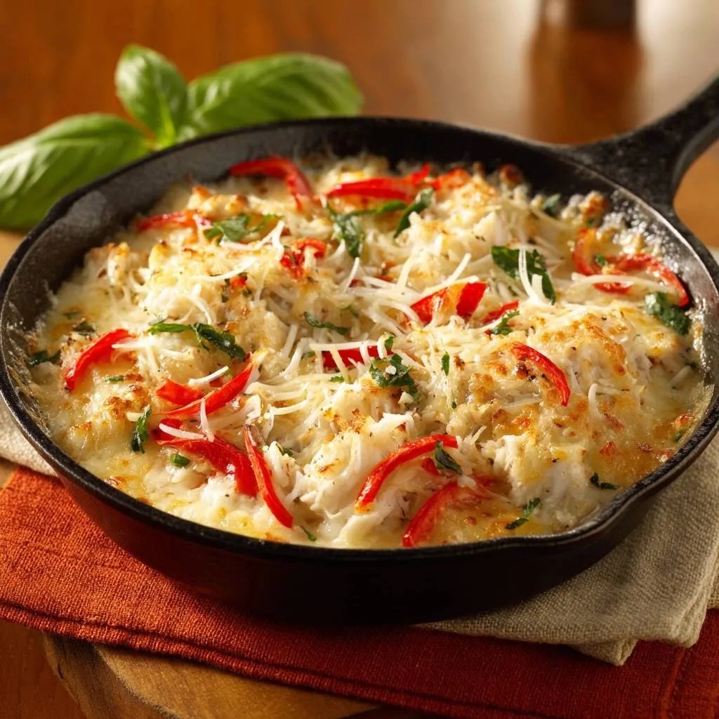 Cheesy skillet crab cauliflower bake close-up showing melted cheese and red pepper slices in a cast iron pan.