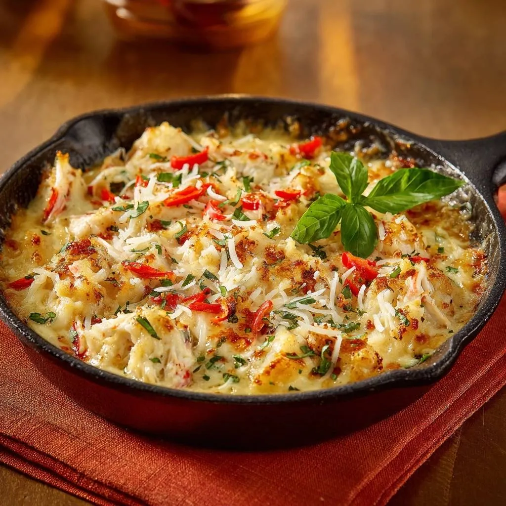 Cheesy skillet crab cauliflower bake, a close-up view showcasing its rich texture and vibrant red pepper and basil garnish.