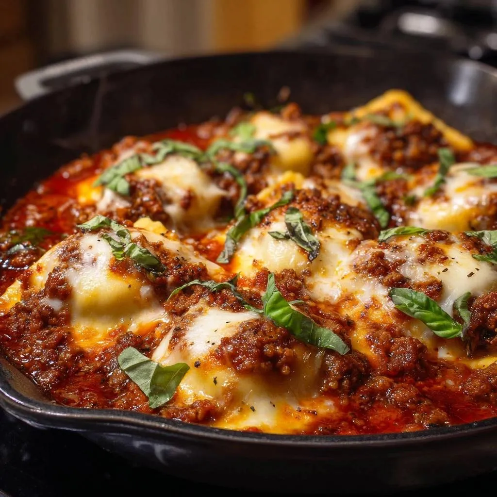Cheesy skillet ravioli with meaty ragu, presented close-up with melted cheese and fresh basil garnish.