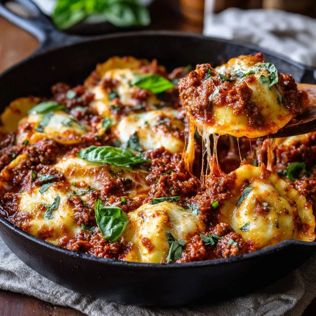 Cheesy skillet ravioli with meaty ragu, a spoonful being lifted showing melted cheese strings.