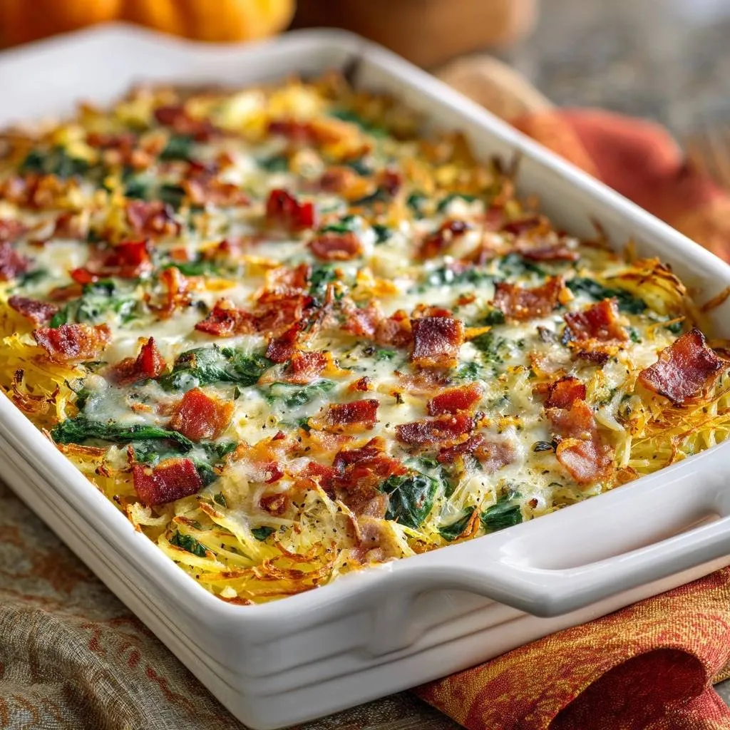 Cheesy spaghetti squash casserole baked in a white baking dish, topped with bacon and melted cheese.