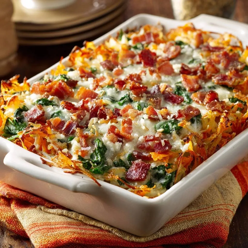 Cheesy spaghetti squash casserole with a crispy bacon and spinach topping, shown in a white baking dish.