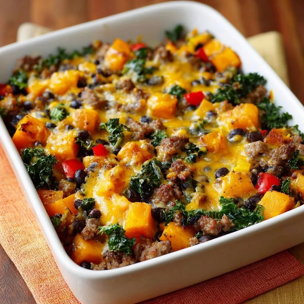 Cheesy sweet potato and beef bake shown in a white baking dish, featuring melted cheese and colorful ingredients.