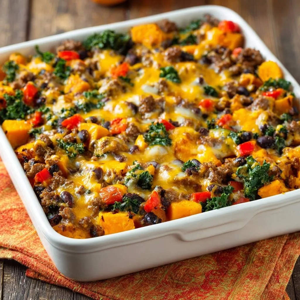 Cheesy sweet potato and beef bake shown in a white baking dish, a close-up view of the freshly baked casserole.