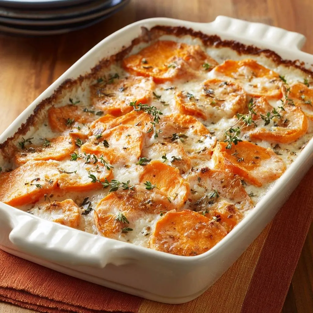 Cheesy sweet potato gratin baked in a white dish, garnished with fresh thyme sprigs.