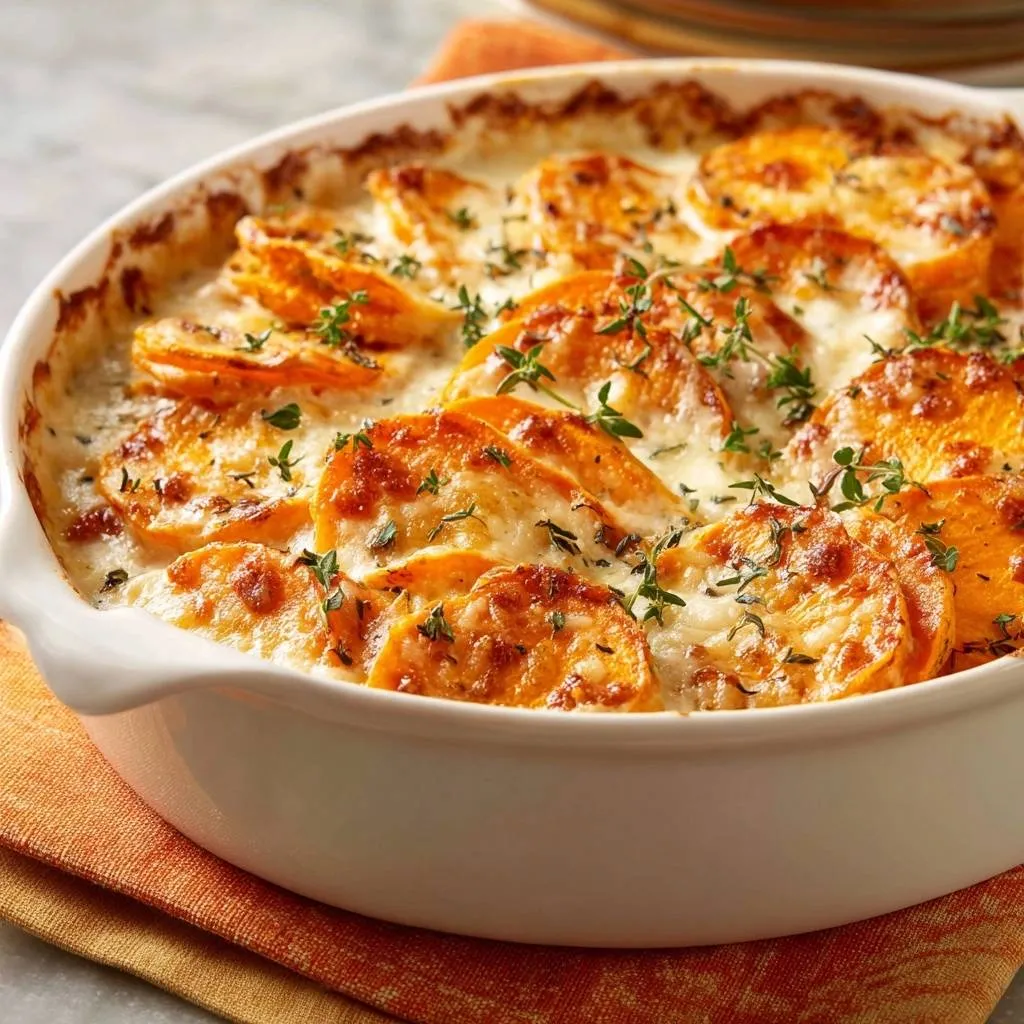 Cheesy sweet potato gratin with a crispy top, tender core, and fresh thyme garnish in a white baking dish.