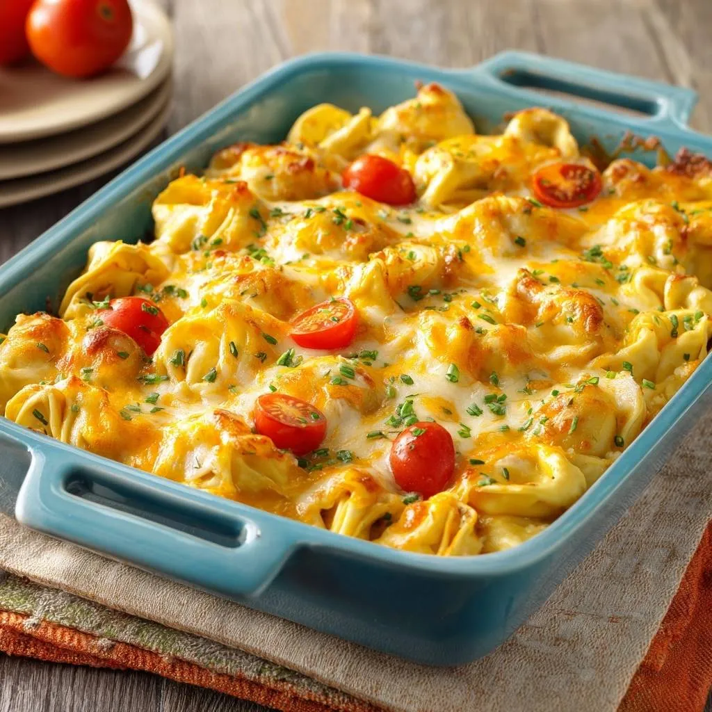 Cheesy tortellini tomato bake, freshly baked in a blue casserole dish and garnished with cherry tomatoes and chives.