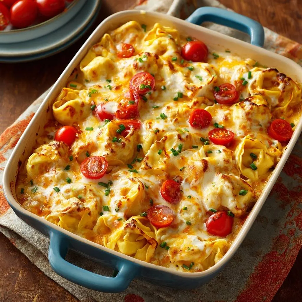 Cheesy tortellini tomato bake with melted mozzarella and fresh cherry tomatoes, baked in a blue dish.