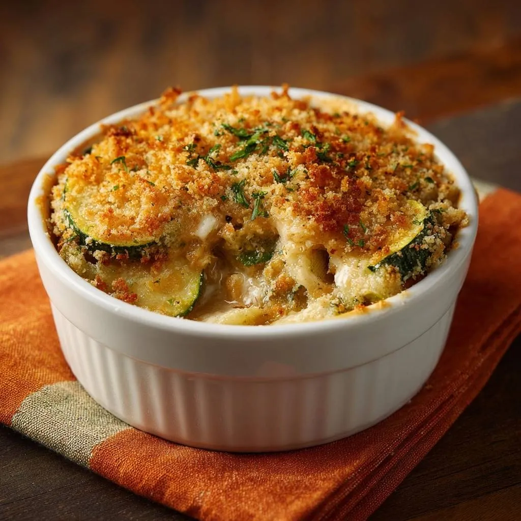 Cheesy zucchini gratin with a golden breadcrumb topping revealed in a close-up view.