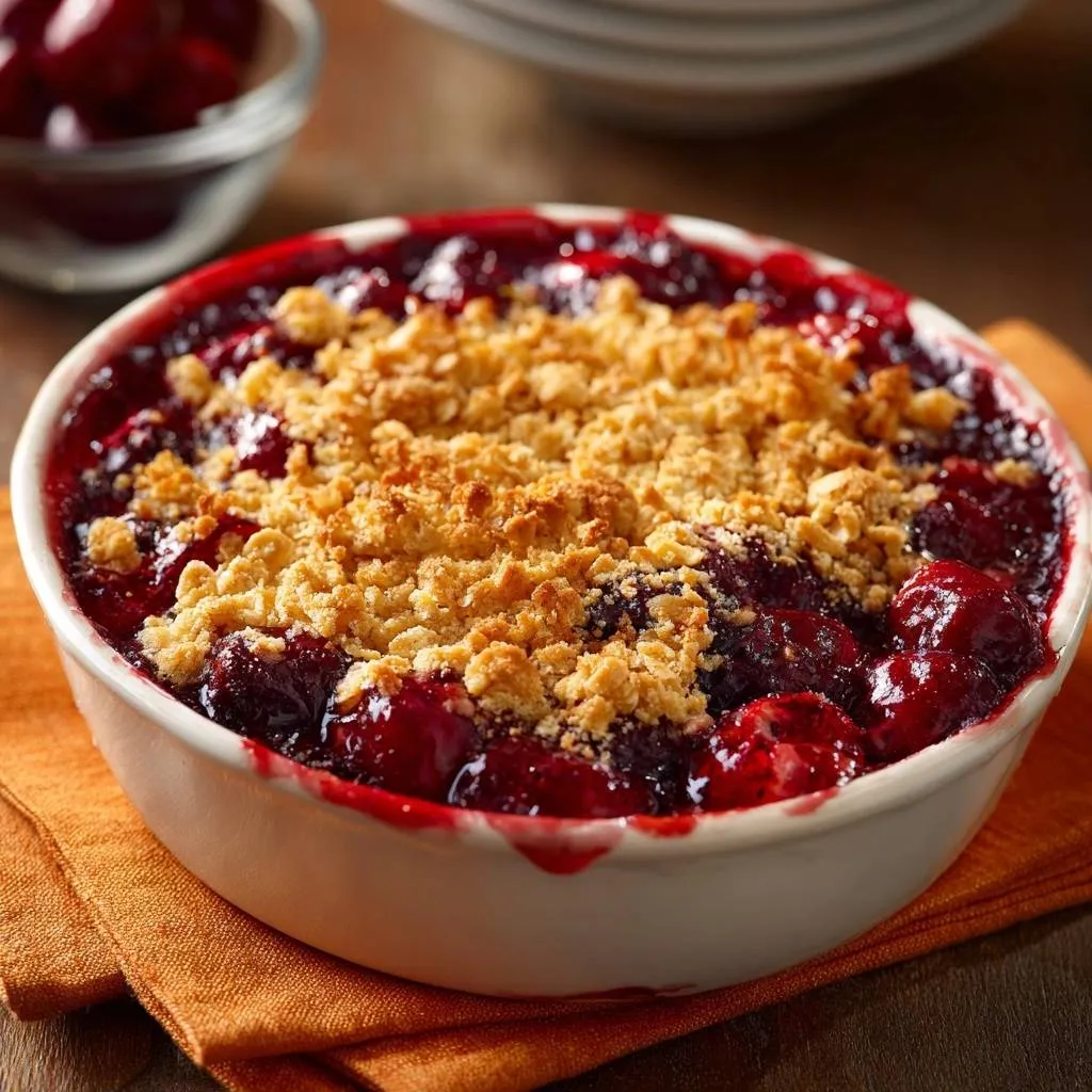 Warm cherry crumble with a golden, textured topping, served in a white baking dish.