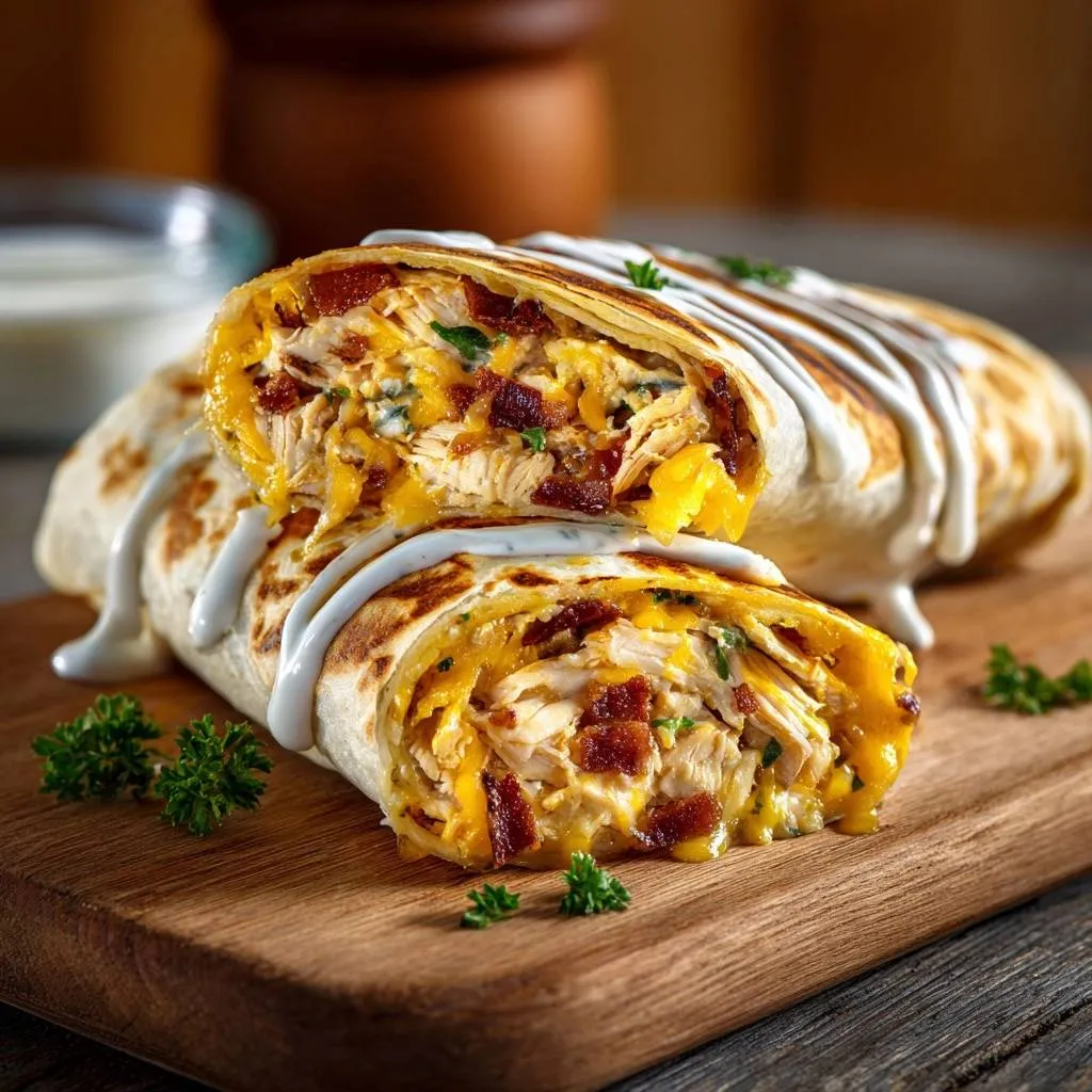 Chicken bacon ranch wraps shown in a close-up cross-section with a creamy white drizzle and fresh parsley garnish.