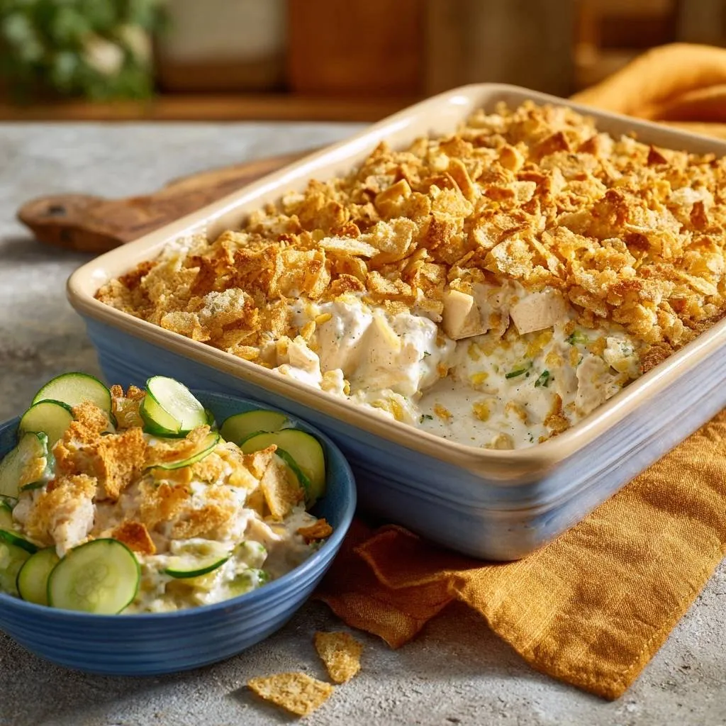 Crunchy Chicken Corn Broccoli Casserole Recipe served with a side bowl of sliced cucumbers and the casserole topping.