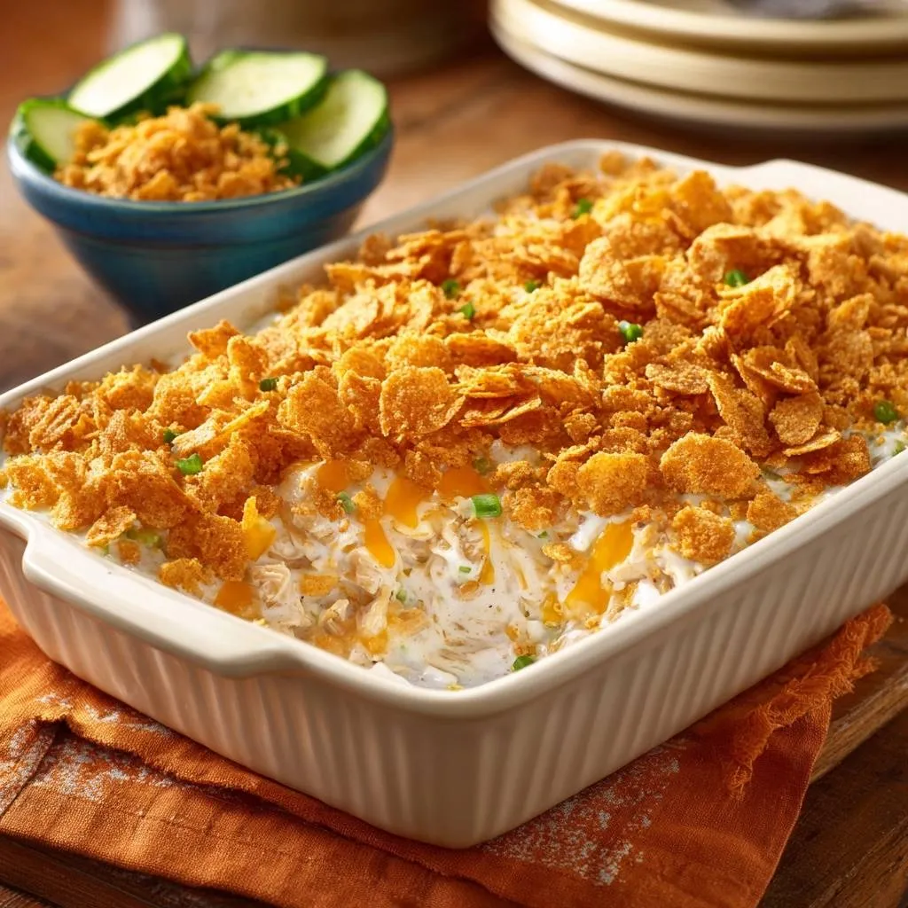 Crunchy chicken corn broccoli casserole with a topping of crushed cornflakes and melted cheese shown in a white baking dish.