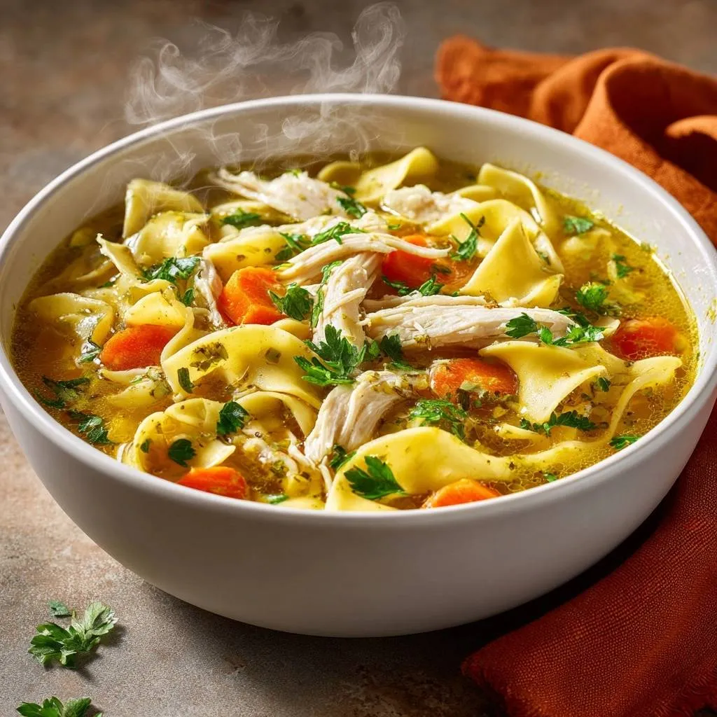 Classic chicken noodle soup with firm noodles, steaming in a white bowl with a close-up view.