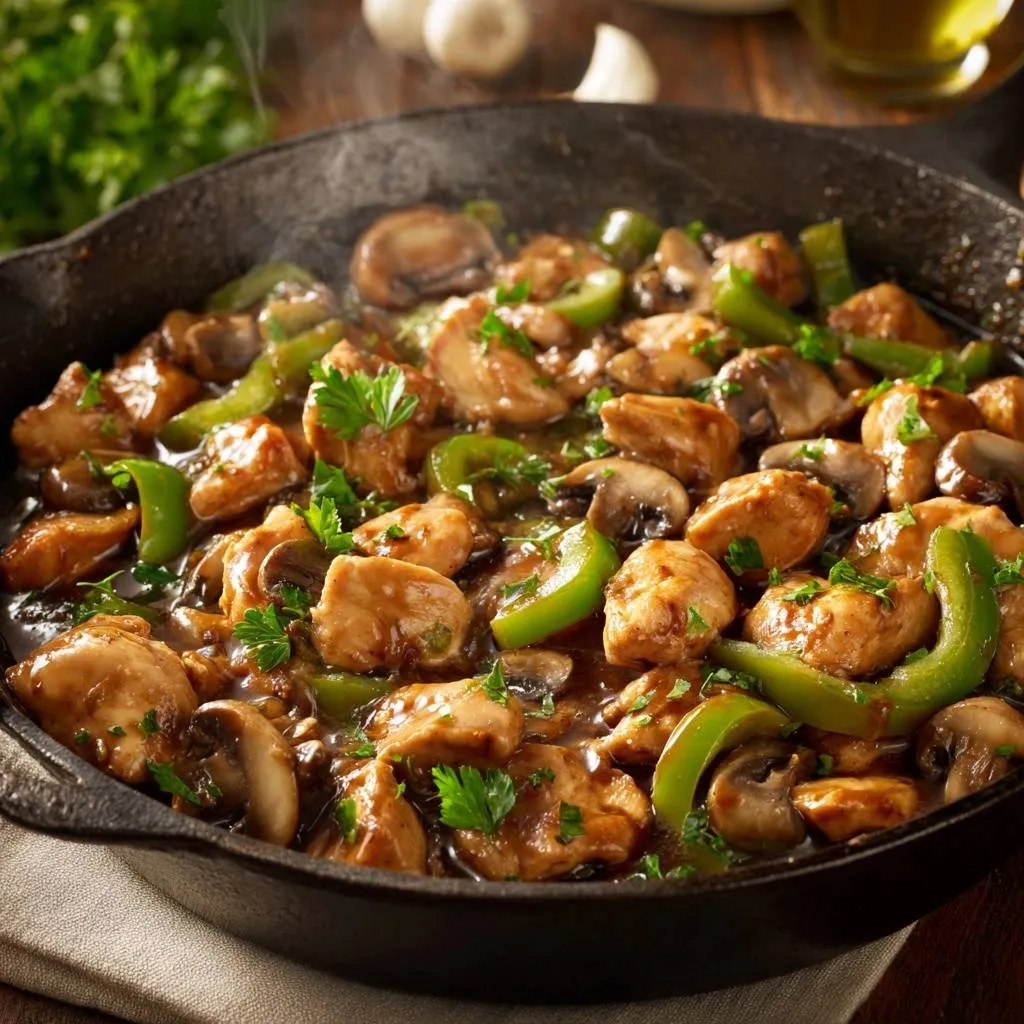 Chicken pepper mushroom stir-fry served steaming hot in a cast iron skillet, showcasing tender chicken and vibrant green peppers.