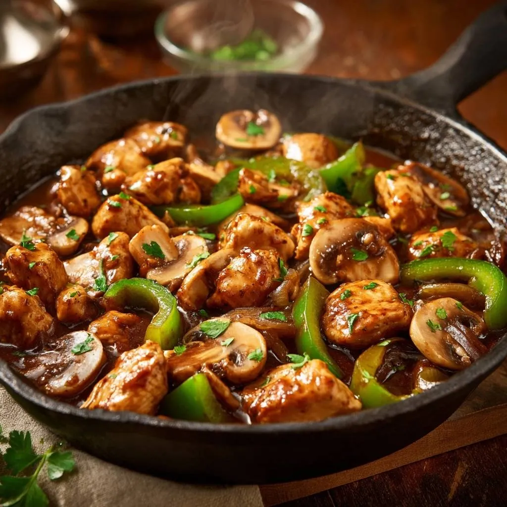 Chicken Pepper Mushroom Stir-Fry steaming in a cast iron skillet, showcasing the glossy sauce and fresh ingredients.