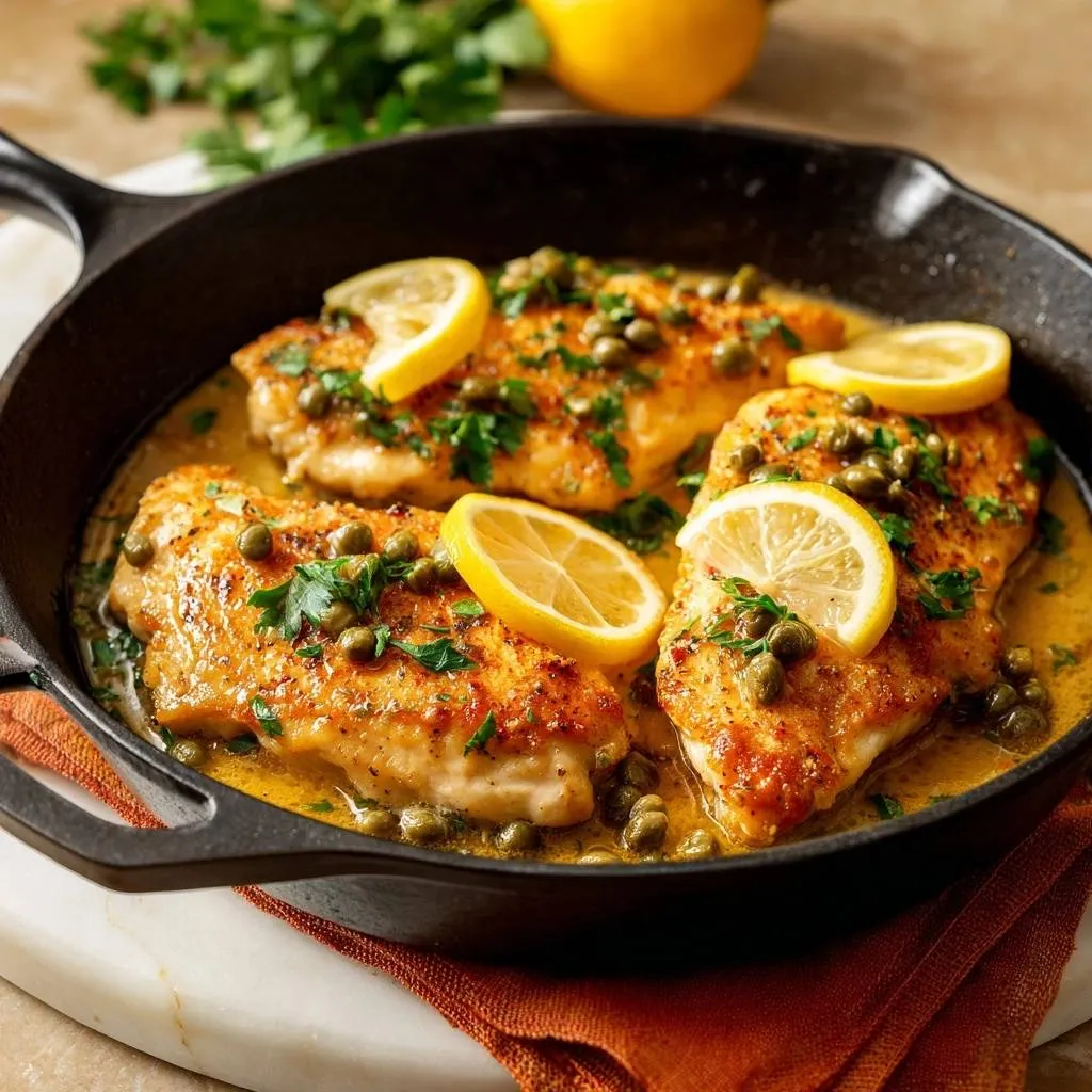 Chicken Piccata in a cast iron skillet, garnished with lemon slices and capers in a buttery sauce.