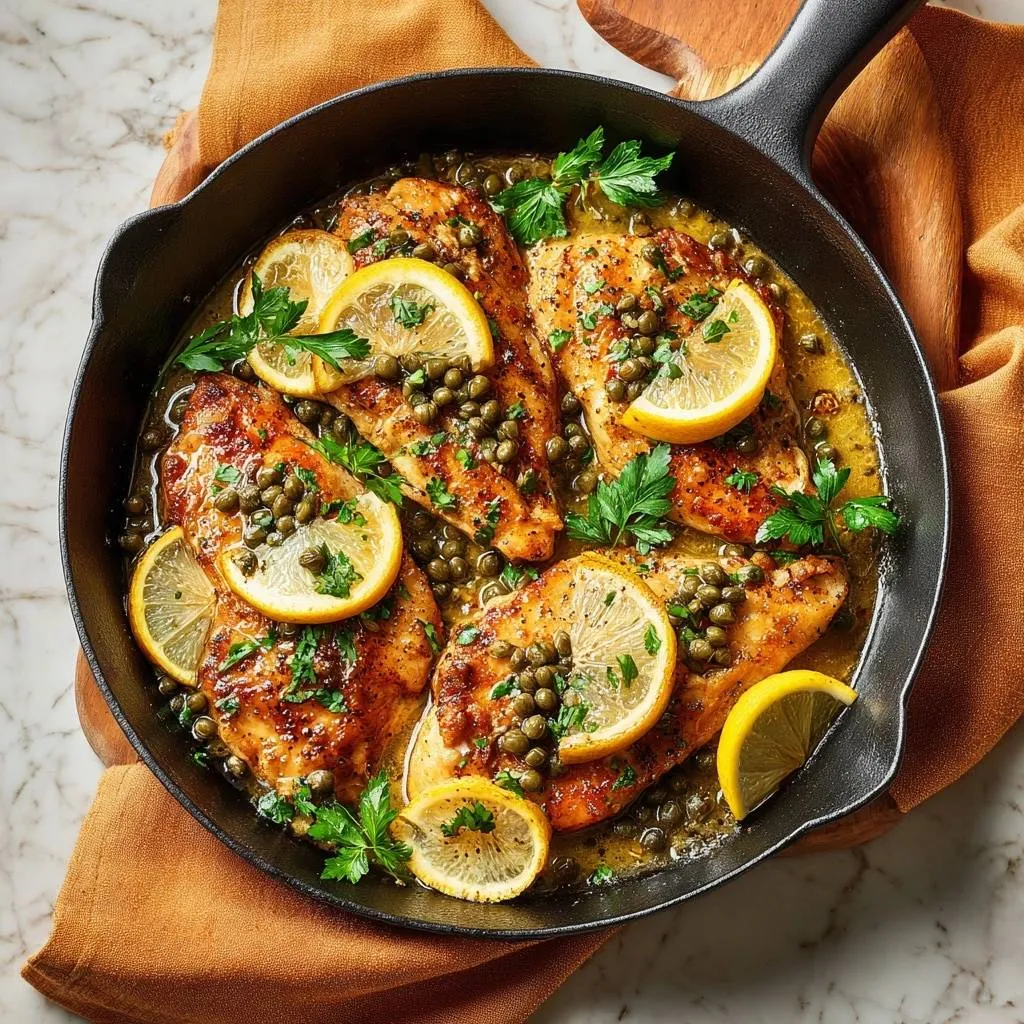 Chicken piccata in a cast iron pan, viewed from overhead, garnished with lemon slices and capers.