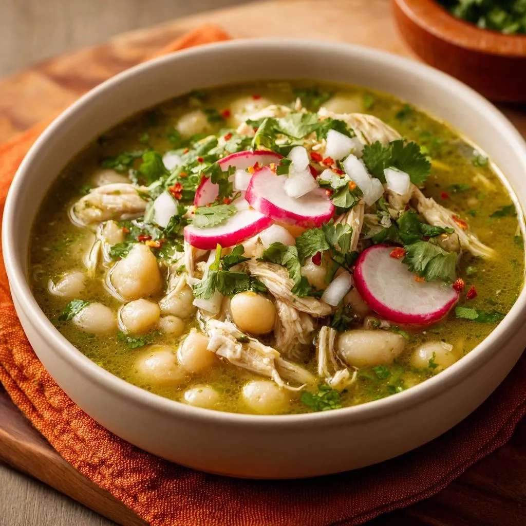Authentic Chicken Pozole Verde served in a bowl, generously garnished with radishes, onions, and cilantro.