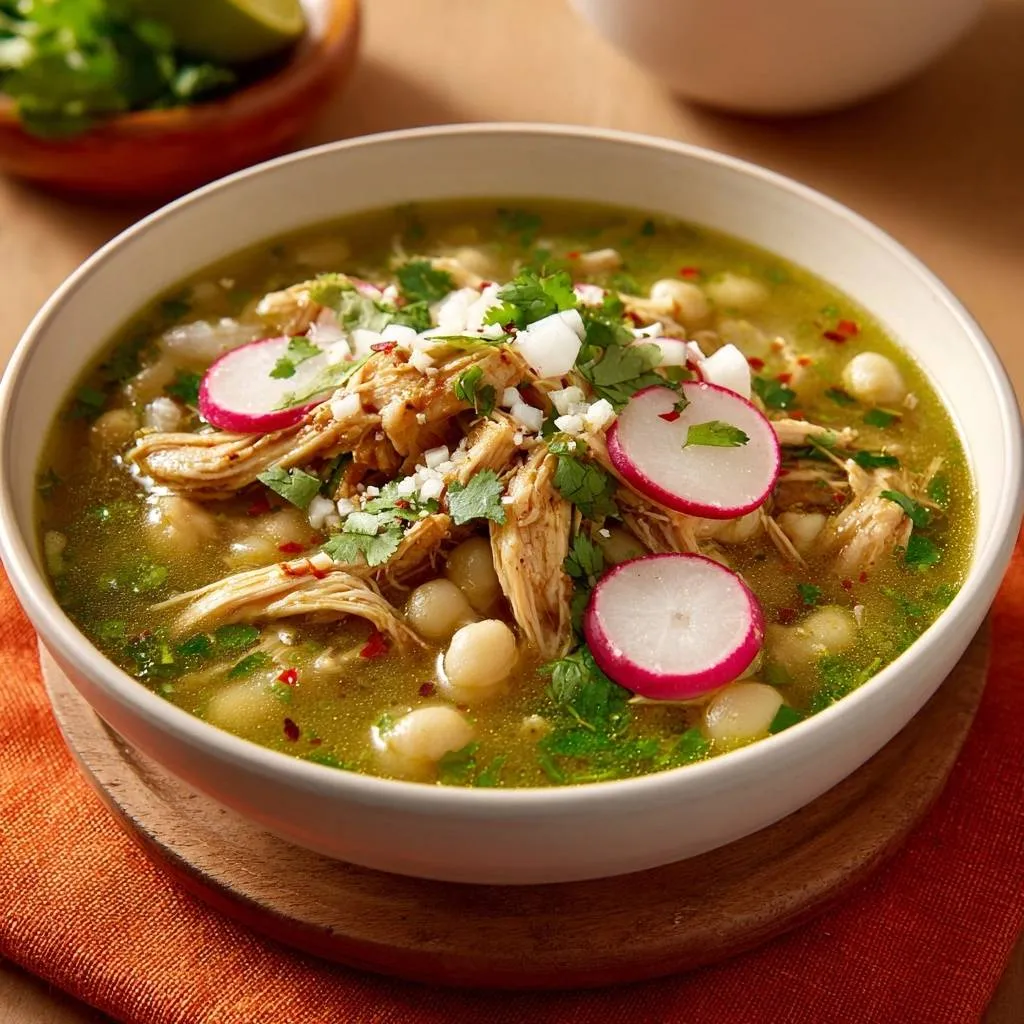 Authentic Chicken Pozole Verde served in a white bowl, generously garnished with radishes, cilantro, and cheese.