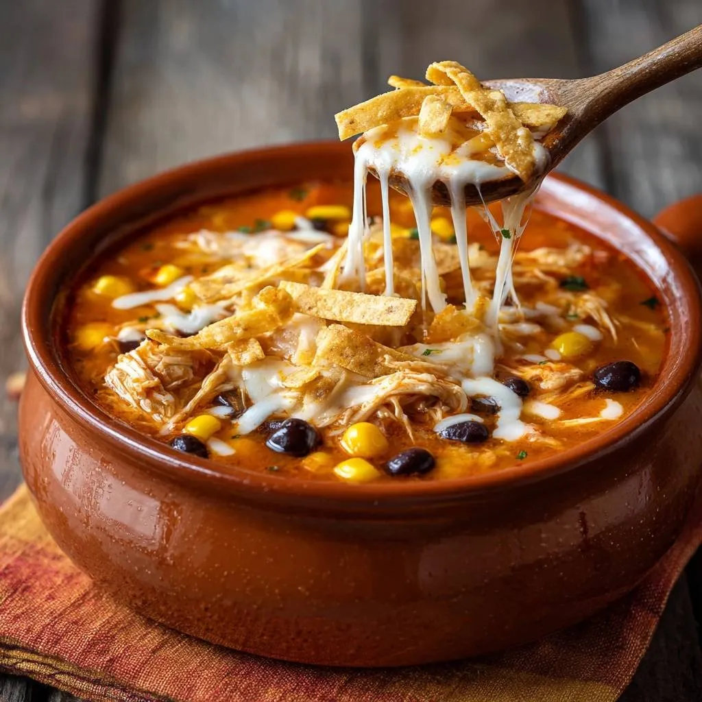 Chicken tortilla soup with melted cheese and tortilla strips being lifted on a wooden spoon.