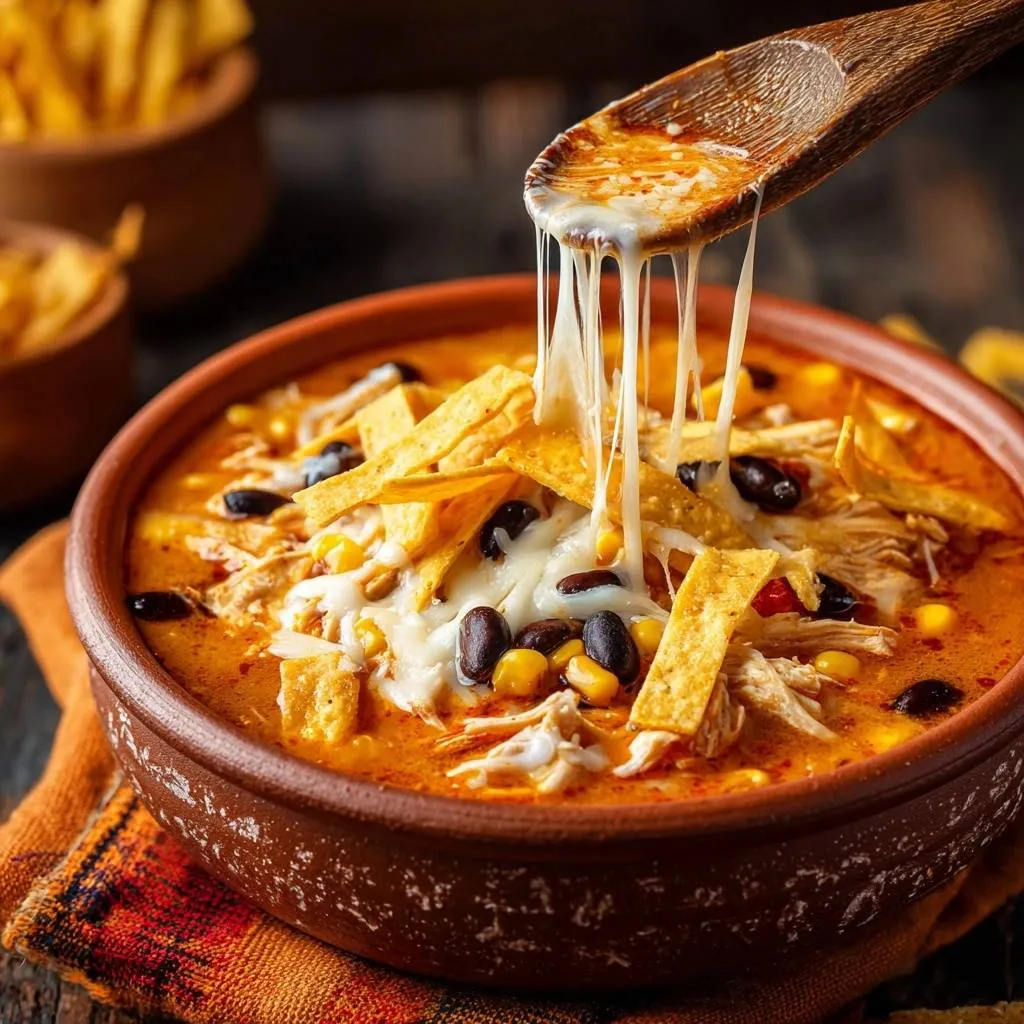 Chicken tortilla soup with a wooden spoon pulling cheesy strings from the bowl, garnished with tortilla strips.
