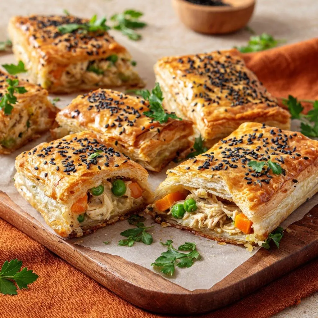 Golden chicken and vegetable hand pies shown in a close-up cross-section revealing the savory filling.