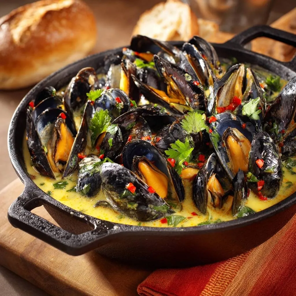 Chili butter mussels with glossy emulsified sauce served in a cast iron pan, close-up view.