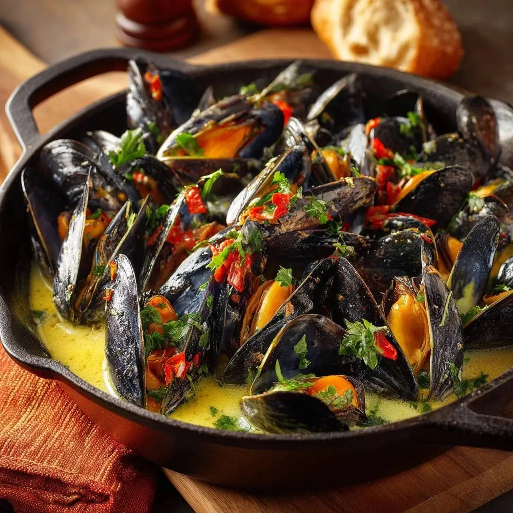 Chili butter mussels with glossy emulsified sauce served in a cast iron skillet, garnished with parsley.