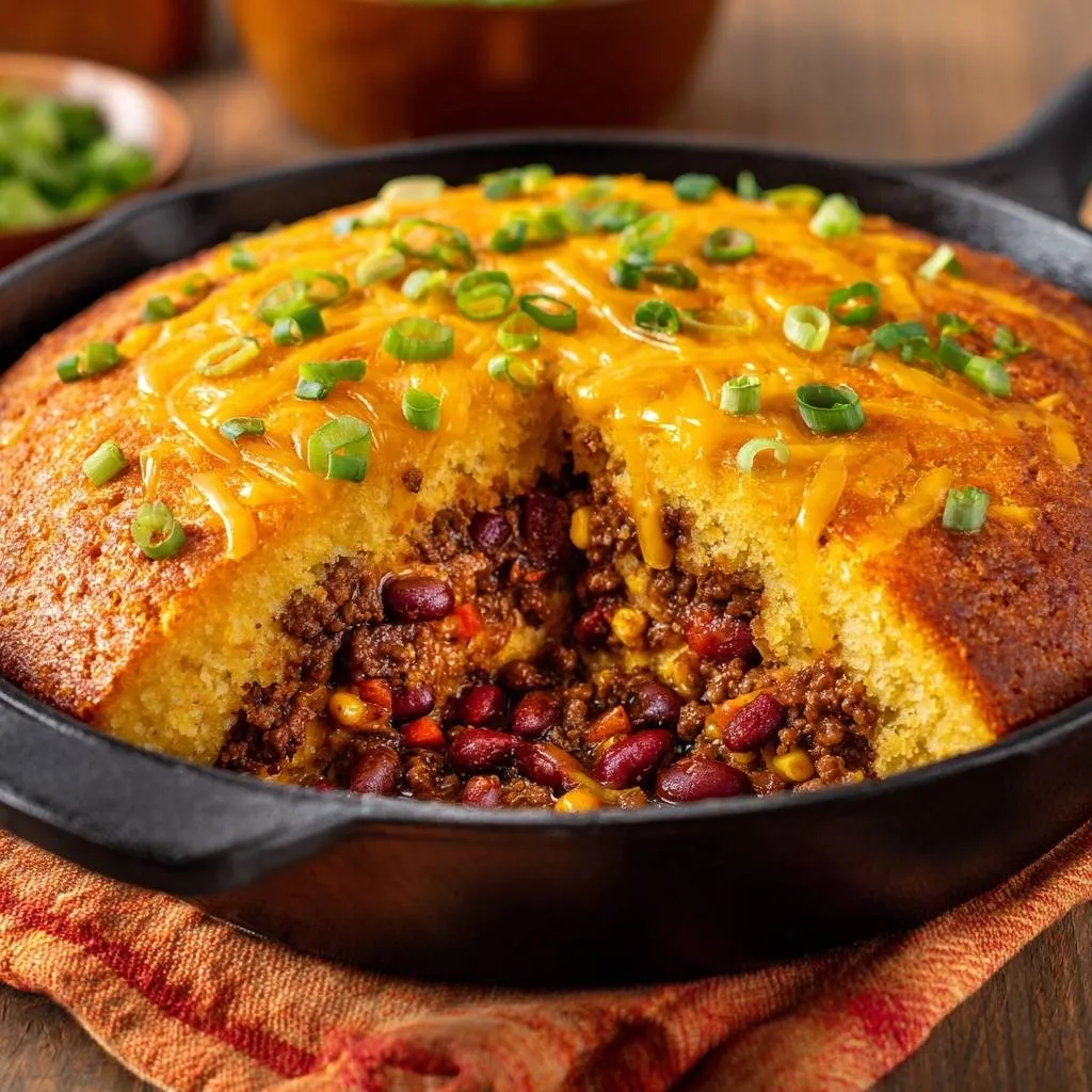 Chili stuffed skillet cornbread shown in a close-up cross-section revealing its savory ground beef and bean filling.