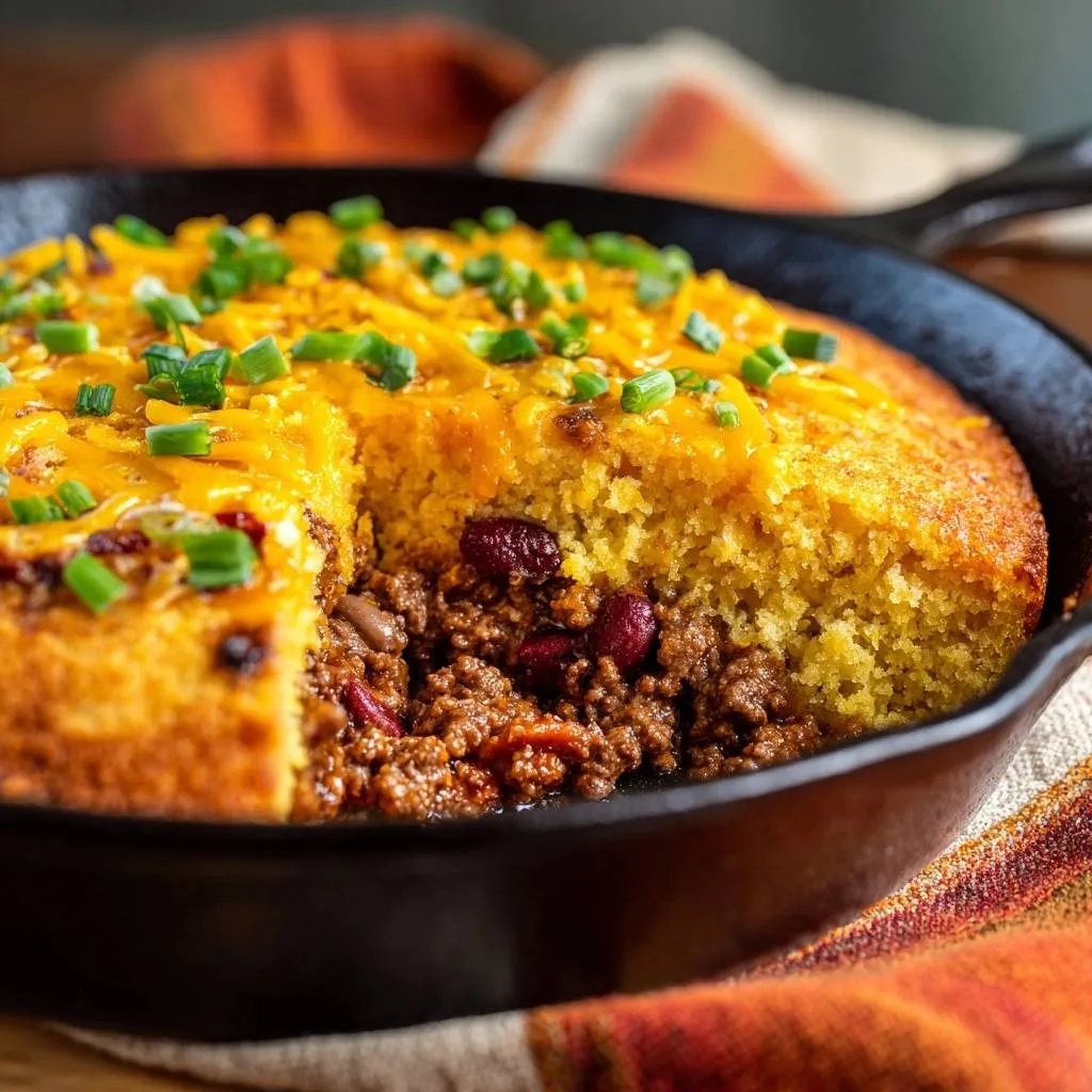 Chili stuffed skillet cornbread shown with a slice cut out revealing the savory meat and bean filling inside.