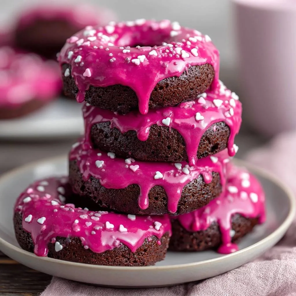 Chocolate baked donuts with pink glaze and heart sprinkles stacked on a plate, showing a close-up detail.