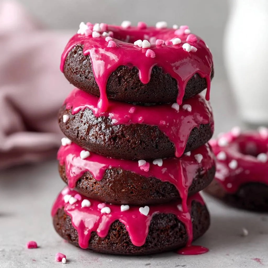 Chocolate baked donuts with pink glaze stacked high, topped with heart sprinkles and dripping glaze.