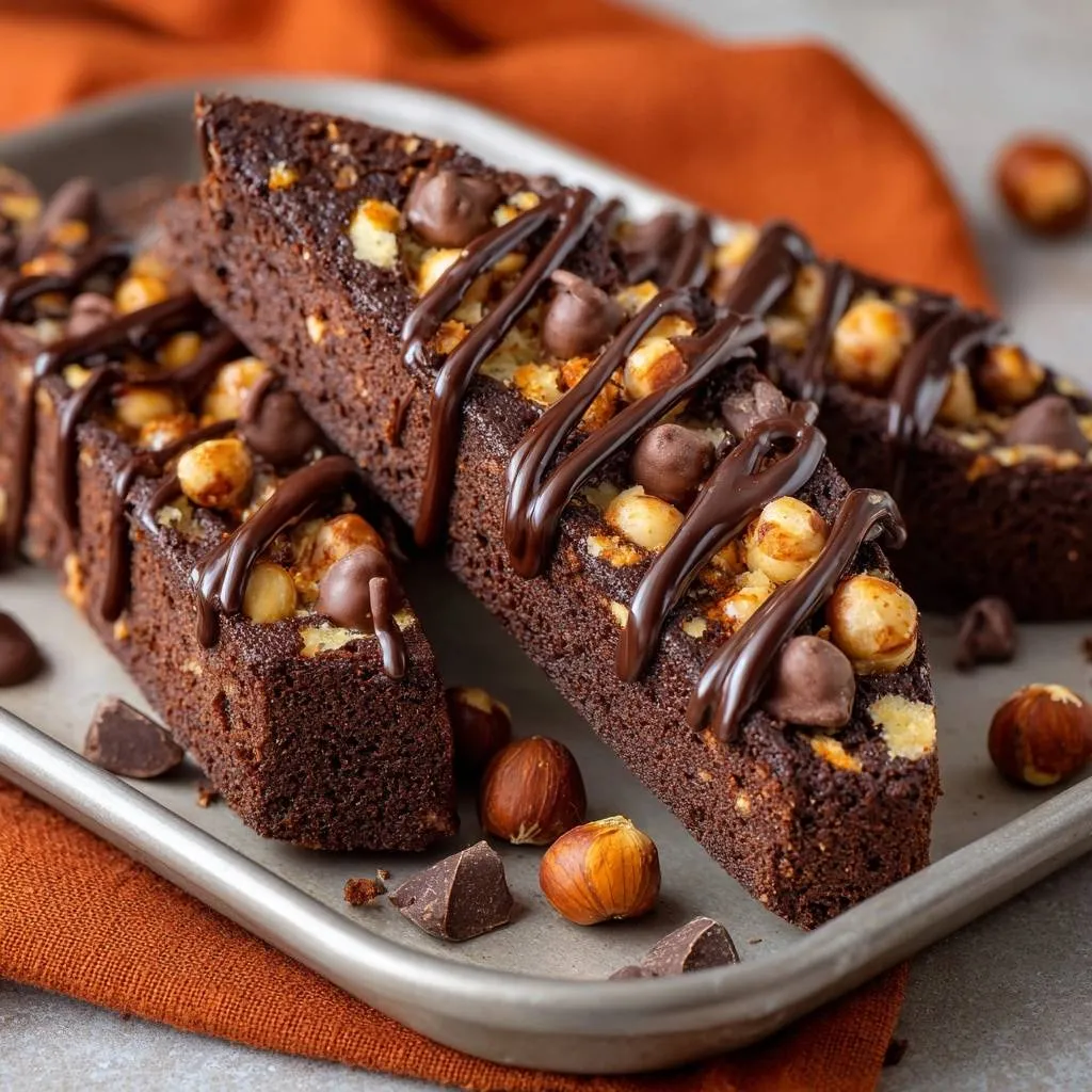 Chocolate Hazelnut Biscotti drizzled with dark chocolate and topped with whole hazelnuts and chocolate chips.