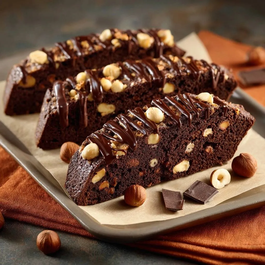Chocolate hazelnut biscotti drizzled with chocolate and topped with whole hazelnuts, presented on a baking sheet.