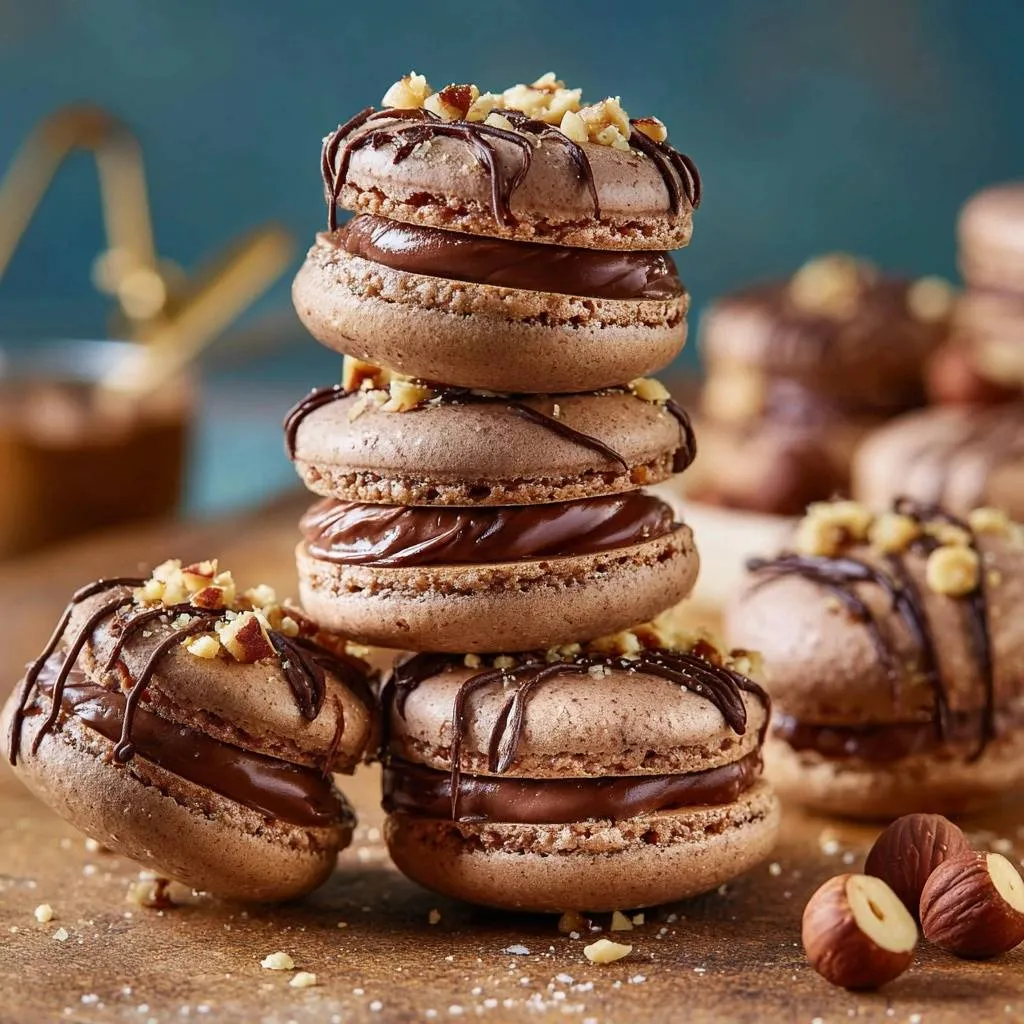 Chocolate hazelnut macarons stacked in a close-up view, drizzled with chocolate and topped with chopped hazelnuts.